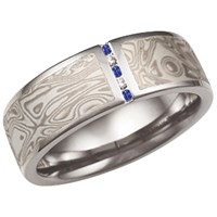 White Mokume Wedding Band with Vertical Diamond and Sapphire Channel