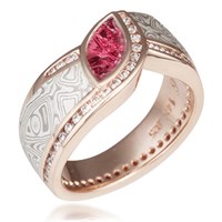 Mokume Wave Diamond Crossing Engagement Ring with Pink Tourmaline