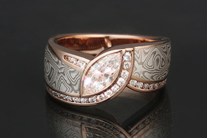 Mokume Wave Diamond Crossing Engagement Ring