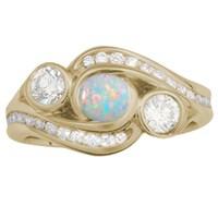 Three Stone Channel Wave Engagement Ring in Yellow Gold with Opal Center