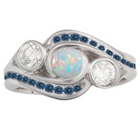 Three Stone Channel Engagement Ring with Center Opal and Sapphire Accents