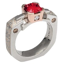 mokume falling water engagement ring with ruby