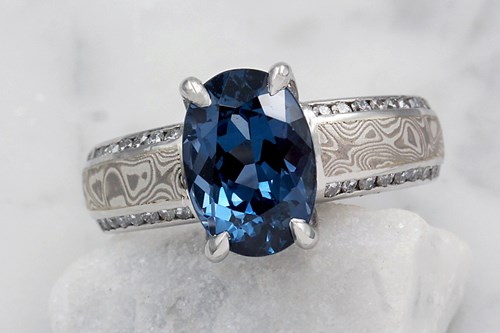 Blue Oval Spinel in Mokume Gane Engagement Ring