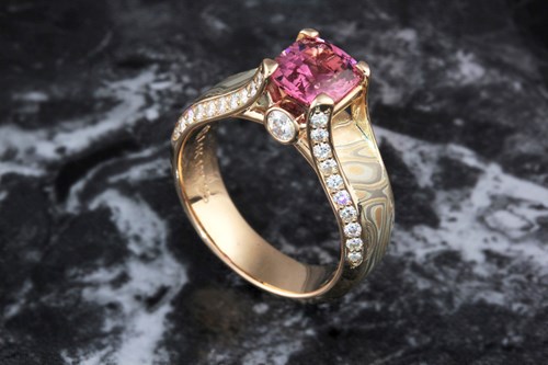 Juicy Light Mokume Engagement Ring with Spinel