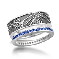 tree of life wedding band with blue sapphire channel band
