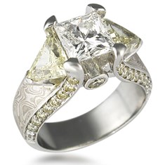 Yellow Diamond Trillions in a Mokume Engagement Ring