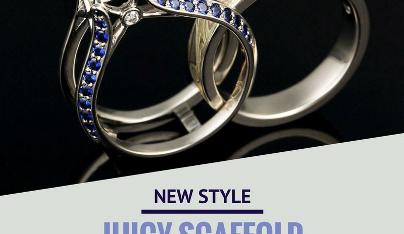 Juicy Scaffold Engagement Ring with Blue Sapphires and Round White Diamond