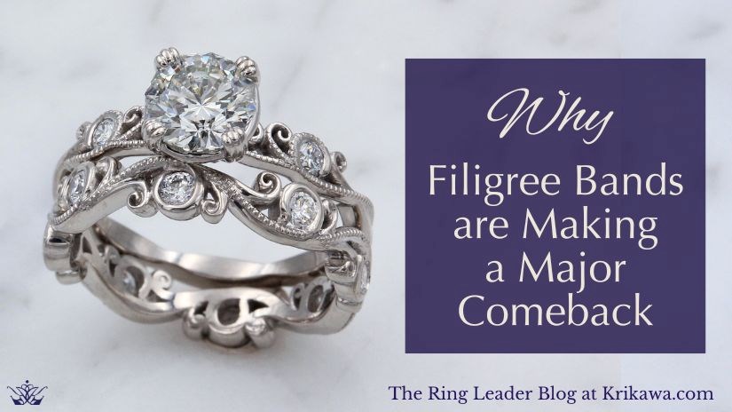 An example of a handmade filigree engagement ring and wedding band with milgraining