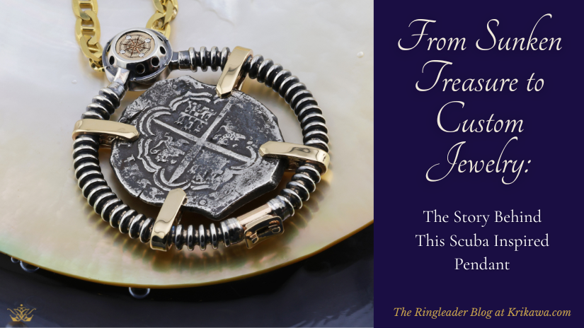Spanish coin in the middle of a silver and yellow gold pendant sits on a shell above the water with small bubbles.