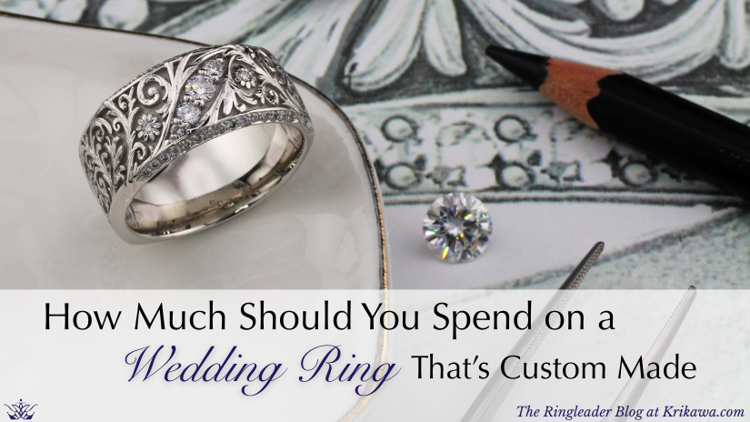 A custom made wedding ring with hand engraving and diamond accent stones, sitting on a sketch of the same ring, with colored pencils and a diamond.