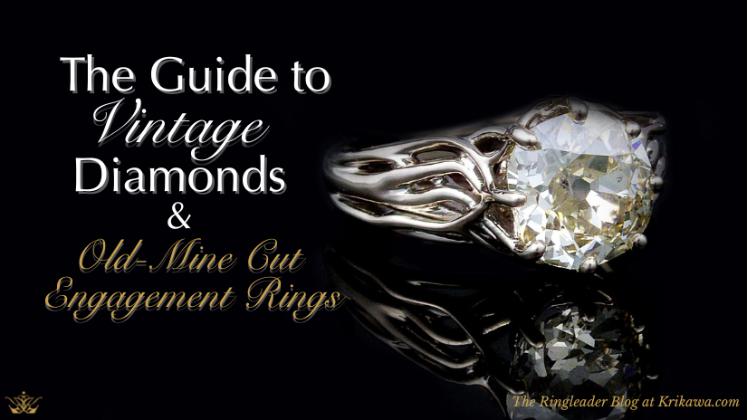 Old-mine cut diamond inside embracing tree branch engagement ring on a black background