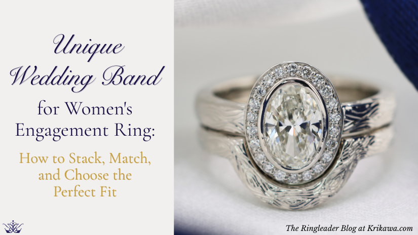 Bezel Set Halo Hand Engraved Bridal Ring Set on white backdrop with blue ribbon