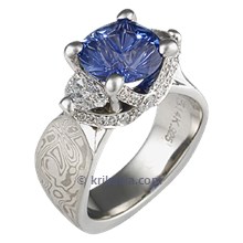 Designer Cut Sapphire in Mokume Ribbon Three Stone Luxury Engagement Ring