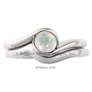 Carved Wave Light Engagement Ring with Opal Bridal Set
