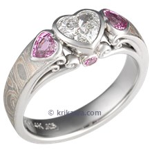 Mokume Carved Curls Three Stone Engagement Ring