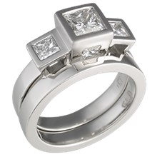 Modern Cube Three Stone Engagement Ring with Shadow Band