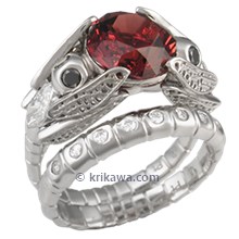 Dragonfly Engagement Ring and Wedding Band with Celestial Compass Cut Garnet