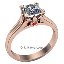 Princess Cut Diamond Leaf Solitaire in Rose Gold with Ruby Accent