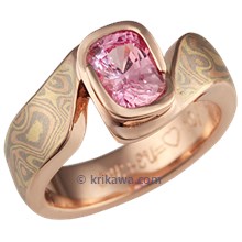 Trigold Mokume Swirl Engagement Ring with Pink Sapphire