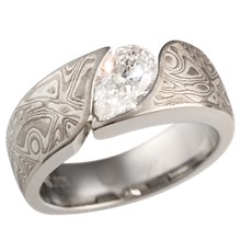 White Mokume Wave Engagement Ring with 0.9 ct Pear