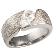White Mokume Wave Engagement Ring with 0.9 ct Pear 