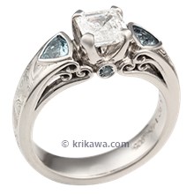 Mokume Carved Curls Three Stone Engagement Ring with Asscher and Aquamarines
