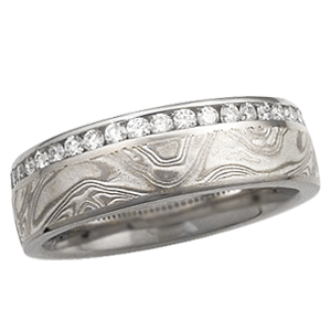 Krikawa Mokume Wedding Band with Diamond Channel