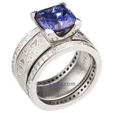 Blue Sapphire Mokume Princess Engagement Ring with Diamond Channel Wedding Bands