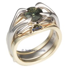 Carved Branch Green Sapphire Engagement Ring With Gold Enhancer 