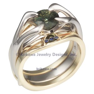 Carved Branch Green Sapphire Engagement Ring With Gold Enhancer 