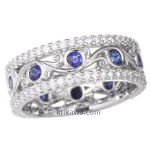 Carved Curls Blue Sapphire Wedding Band