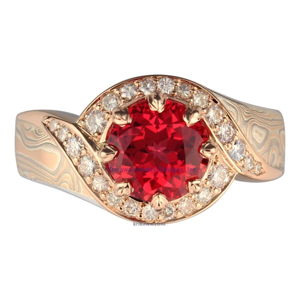 Pave Swirl Mokume Engagement Ring with Padparadscha Sapphire