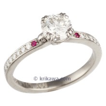Carved Leaf Pave Engagement Ring with Ruby Accents