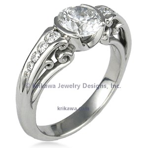 Carved Curls Engagement Ring with Tapering Stones