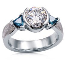Mokume Three Stone Engagement Ring, Tapered, Round and Trilliants