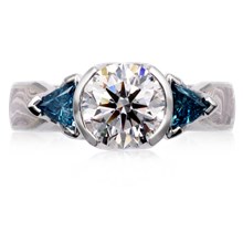 Mokume Three Stone Engagement Ring, Tapered, Round and Trilliants - top view