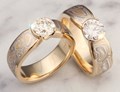 Mokume Solitaire Tapered Engagement Rings in Summer Mokume Gane and Yellow Gold