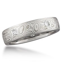 Mokume Wedding Band with 5 Flush Princess Diamonds