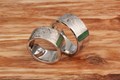 Mokume Block Wedding Band Set with White Mokume Gane and Green Jade