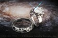 Sputnik Engagement Ring and Moon Wedding Band with retro-modern styling.