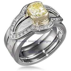 Custom Diamond Engagement Ring and Mokume Band
