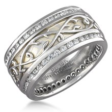 Mokume Band with Vine Overlay and Two Diamond Channels
