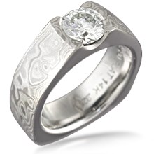 Mokume Flush Stone Solitaire Engagement Ring, European Shank