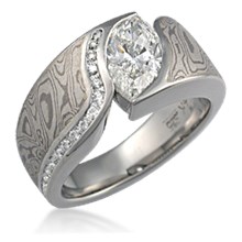 Mokume Wave Engagement Ring with Diamond Channel