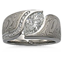 Mokume Wave Engagement Ring with Diamond Channel - top view