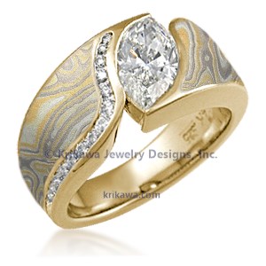 Mokume Wave Engagement Ring with Diamond Channel