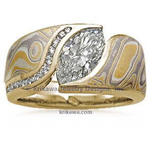 Mokume Wave Engagement Ring with Diamond Channel