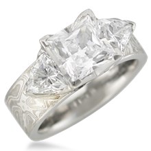 Mokume Three Stone Engagement Ring, Straight, Princess & Trilliants