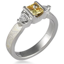 Mokume Three Stone Engagement Ring, Tapered, Princess & Trilliants