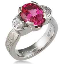 Mokume Three Stone Engagement Ring, Tapered, Oval & Half Moons